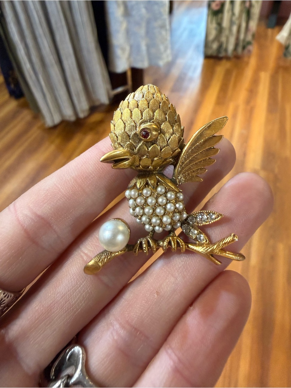 Vintage Tortolani Gold-Tone Pearl Bird Brooch